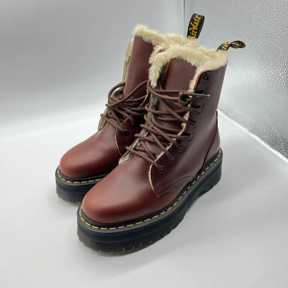 Dr Doc Martens JADON FL Leather Faux Fur Lined Platform Boots Brown sz 7